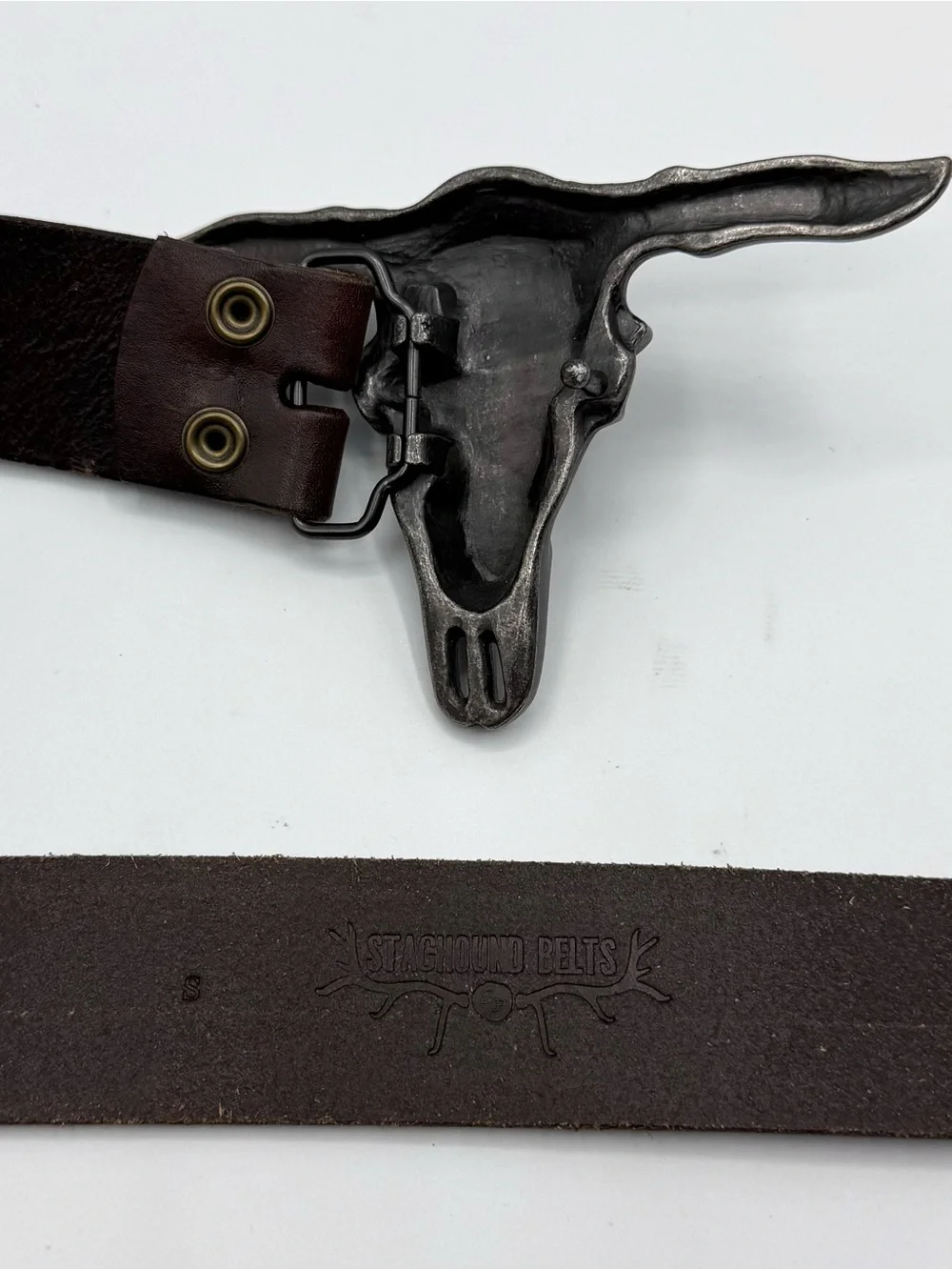 Staghound Belts Men's Laredo Dark Brown Leather Belt Steer Head Buckle